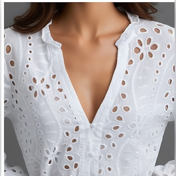 Eyelet Embroidery Notched Blouse White - Picture 2 of 9